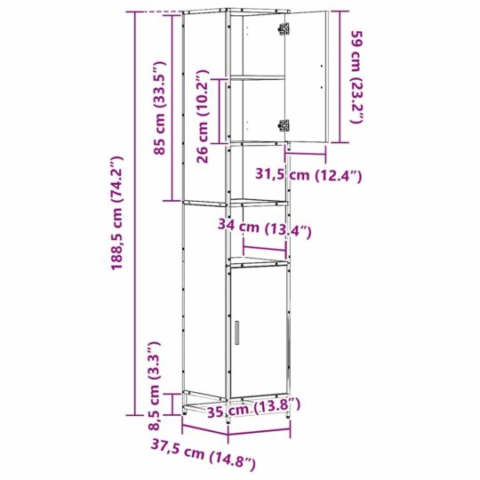 3402319 12 Dulap de Baie Stejar negru 35 x 37.5 x 188.5 cm Lemn compozit 3402319 12