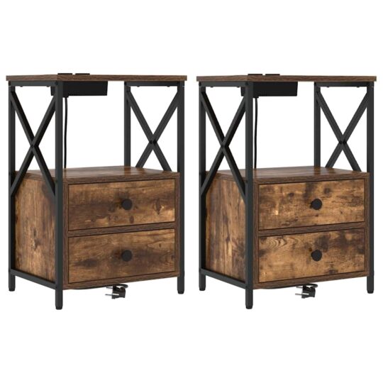 Alternative view of Cabinet de noptiere cu stație de încărcare 2 pcs Stejar afumat