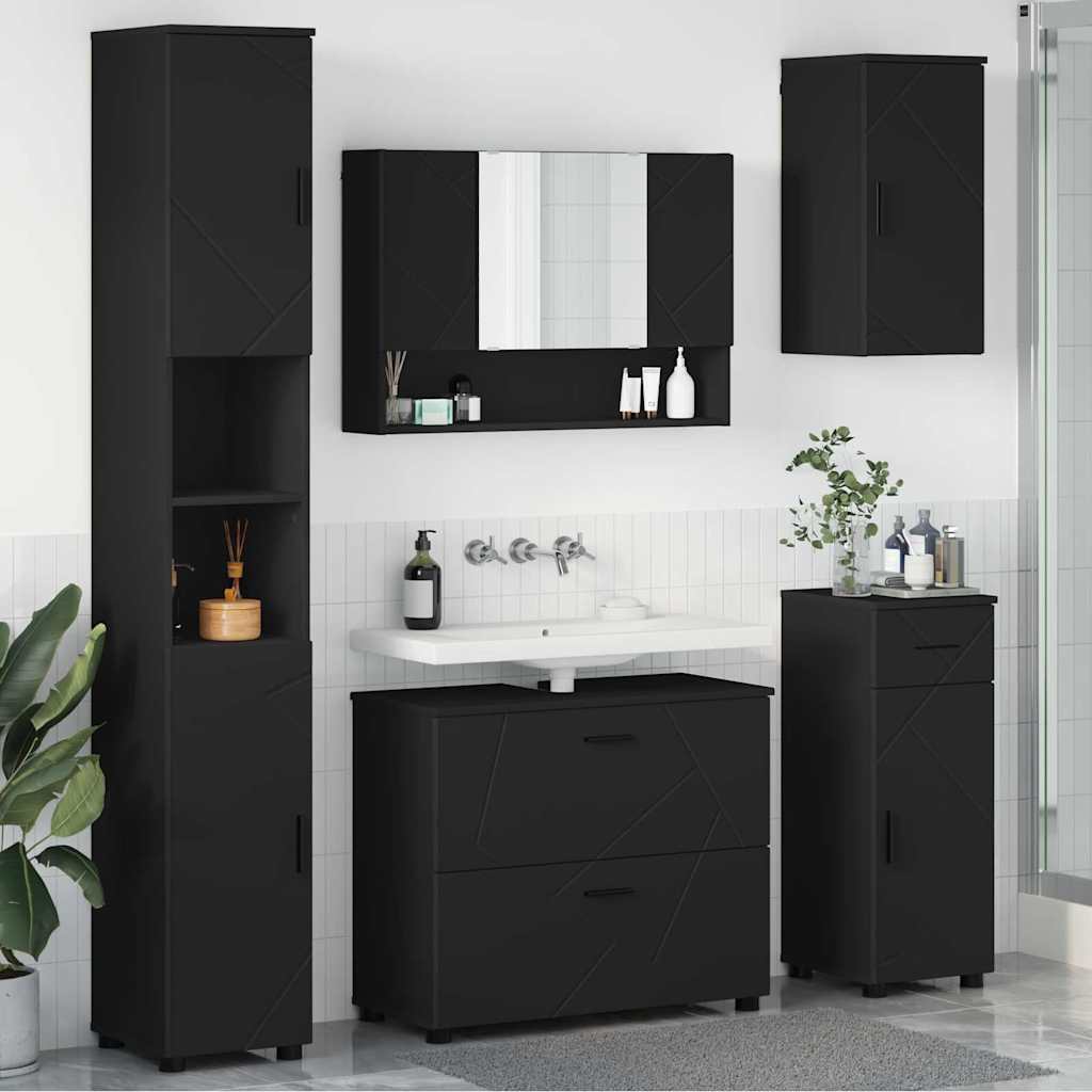 3393074 1 Set de mobilier pentru baie cu ușă 5 pcs Negru 30 x 35 x 192 cm Set de mobilier pentru baie cu ușă 5 pcs Negru 30 x 35 x 192 cm