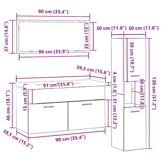 3334354 13 Set de Mobilă pentru Baie 4 pcs Stejar Negru 90 x 38.5 x 46 cm 3334354 13