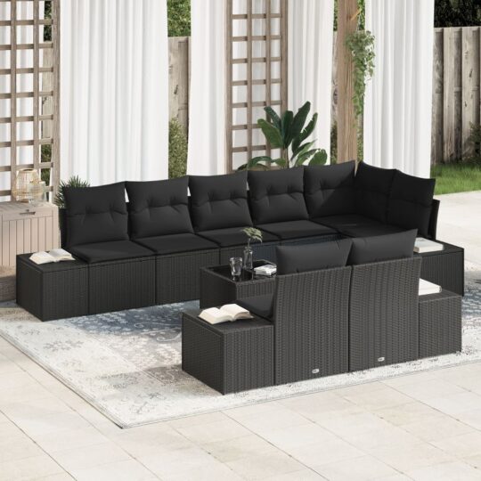 Set de canapele pentru grădină cu pernă 9 pcs Negru Rattan poli