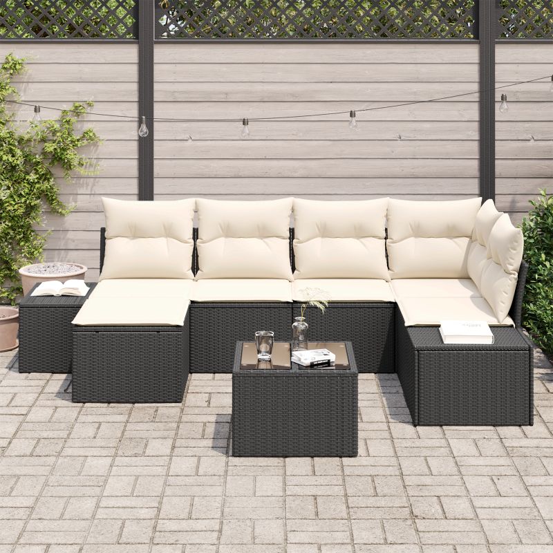 3347137 3 Set de canapele pentru grădină 7 pcs negru și crem Rattan poli Set de canapele pentru grădină 7 pcs negru și crem Rattan poli - imagine 3