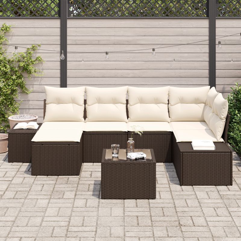 3347138 3 Set de canapele pentru grădină 7 pcs maro și crem Rattan poli Set de canapele pentru grădină 7 pcs maro și crem Rattan poli - imagine 3