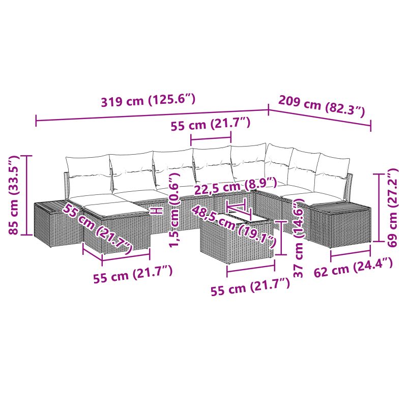 3347189 10 Set de canapele pentru grădină cu pernă 9 pcs 319 x 209 x 85 cm Set de canapele pentru grădină cu pernă 9 pcs 319 x 209 x 85 cm - imagine 10