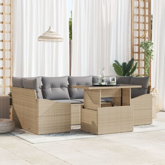 Set de canapele pentru grădină 7 pcs Bej Rattan poli