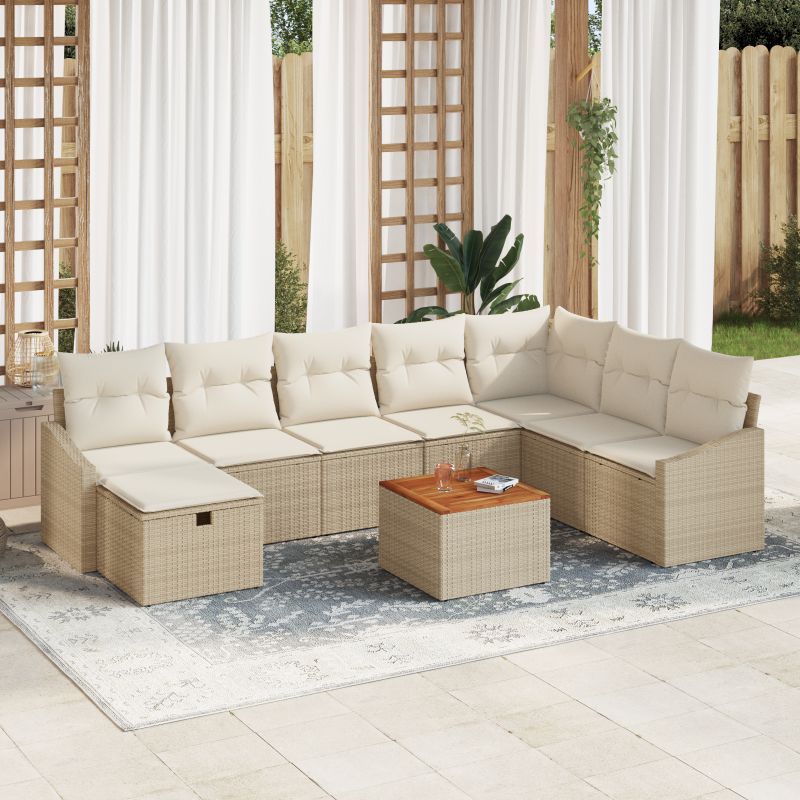 3360914 1 Set de canapele pentru grădină cu pernă 9 pcs Bej Rattan poli Set de canapele pentru grădină cu pernă 9 pcs Bej Rattan poli