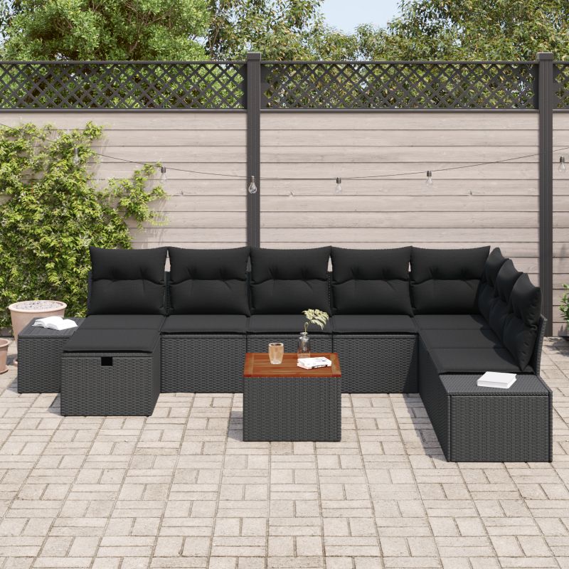 3360943 3 Set de canapele pentru grădină cu pernă 9 pcs Negru Rattan poli Set de canapele pentru grădină cu pernă 9 pcs Negru Rattan poli - imagine 3