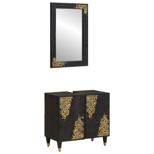 Set dulap baie Pe perete cu ușă 2 pcs Negru Lemn de mango solid