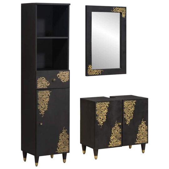 Set dulap baie cu sertar cu ușă 3 pcs Negru Lemn de mango solid