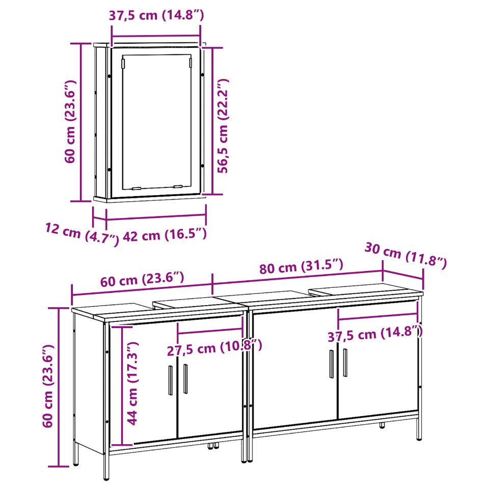 3332548 12 Set de mobilier pentru baie cu ușă 3 pcs Maro 80 x 30 x 60 cm Set de mobilier pentru baie cu ușă 3 pcs Maro 80 x 30 x 60 cm - imagine 12