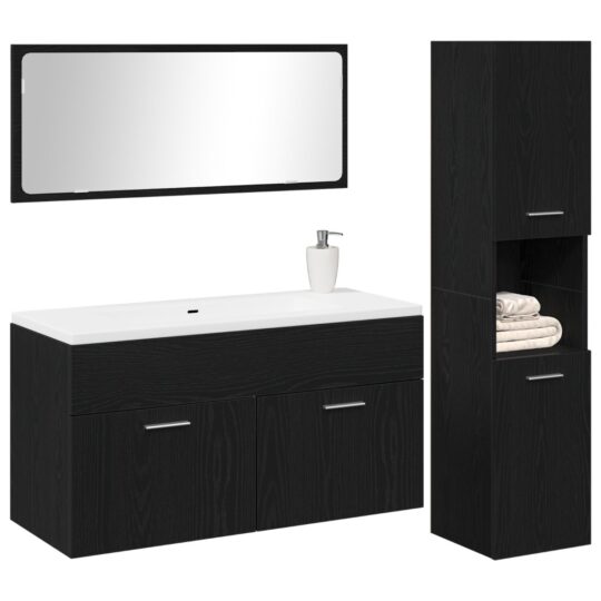 3334326 3 Set de mobilier pentru baie Pe perete cu ușă 3 pcs Stejar Negru 3334326 3