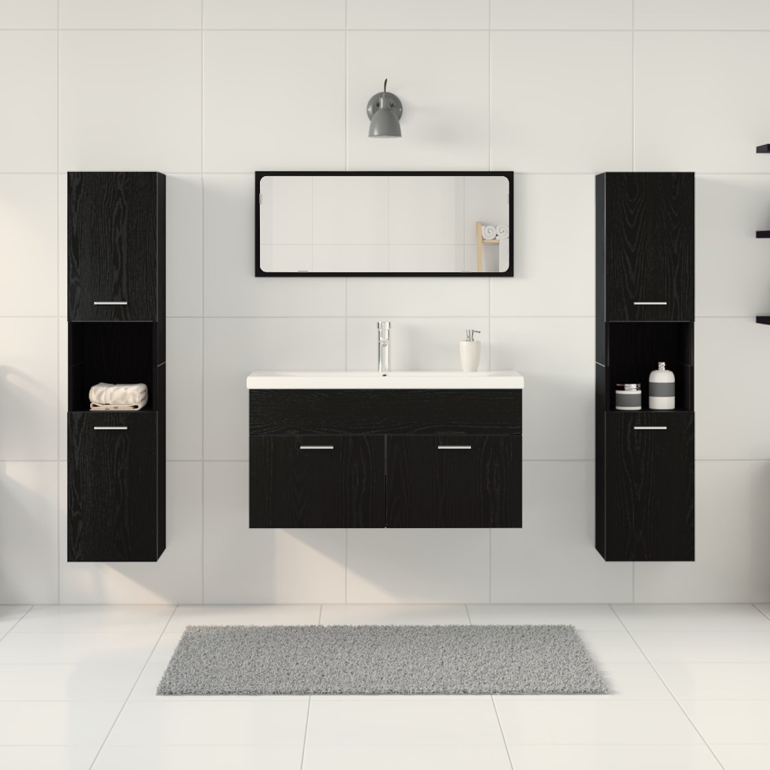3334373 4 Set de mobilier pentru baie 5 pcs Stejar Negru 30 x 30 x 130 cm Set de mobilier pentru baie 5 pcs Stejar Negru 30 x 30 x 130 cm - imagine 4