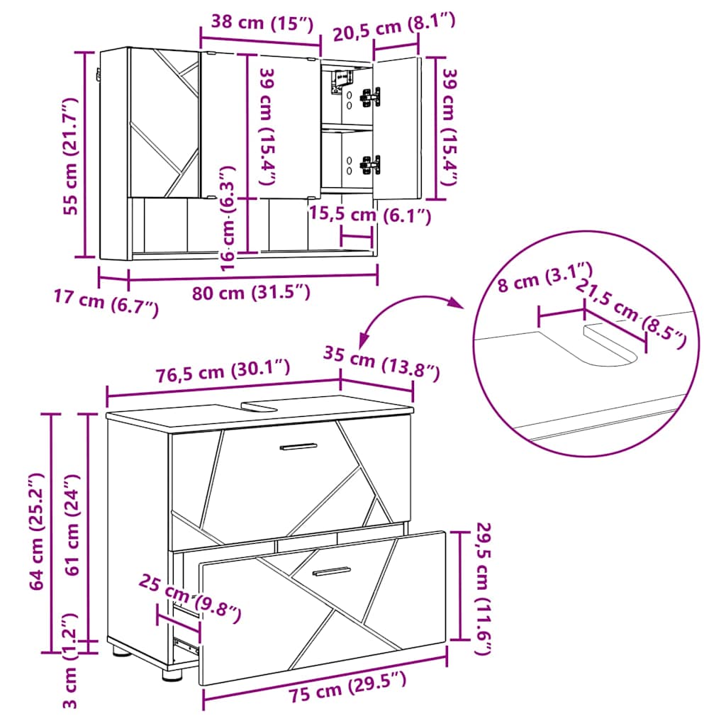 3393013 12 Set de mobilier pentru baie cu raft 2 pcs Alb 76.5 x 35 x 64 cm Set de mobilier pentru baie cu raft 2 pcs Alb 76.5 x 35 x 64 cm - imagine 12