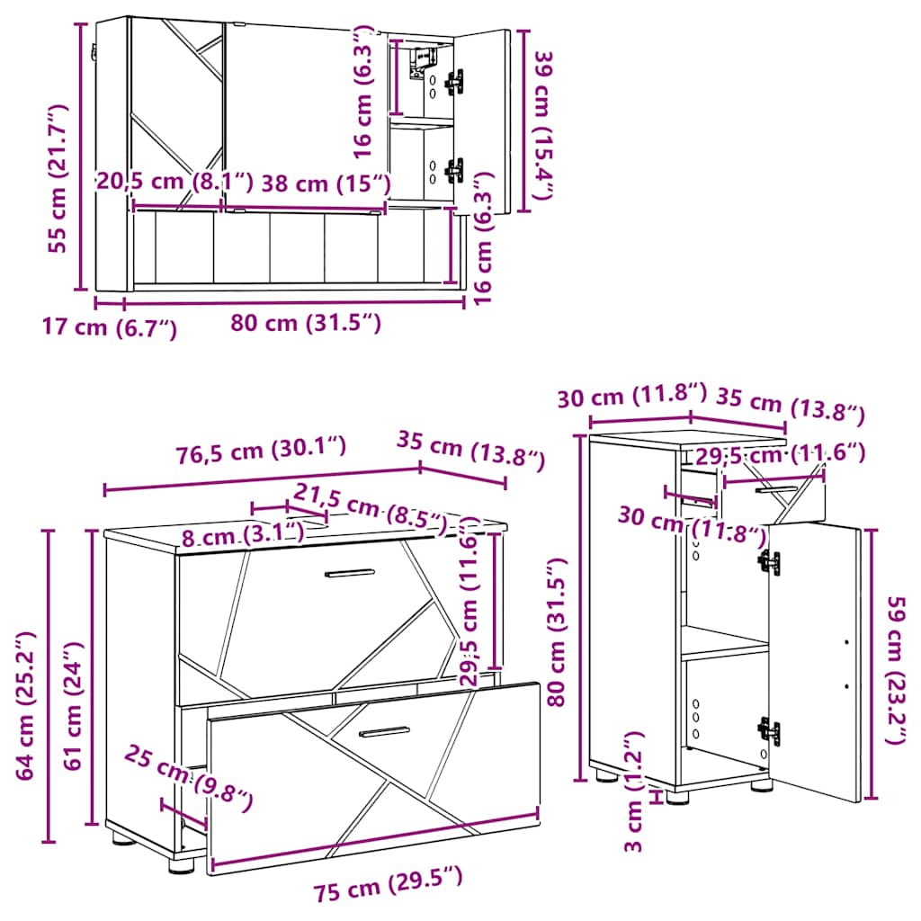 3393041 13 Set de mobilier pentru baie 3 pcs Lemn vechi 76.5 x 35 x 64 cm Set de mobilier pentru baie 3 pcs Lemn vechi 76.5 x 35 x 64 cm - imagine 13