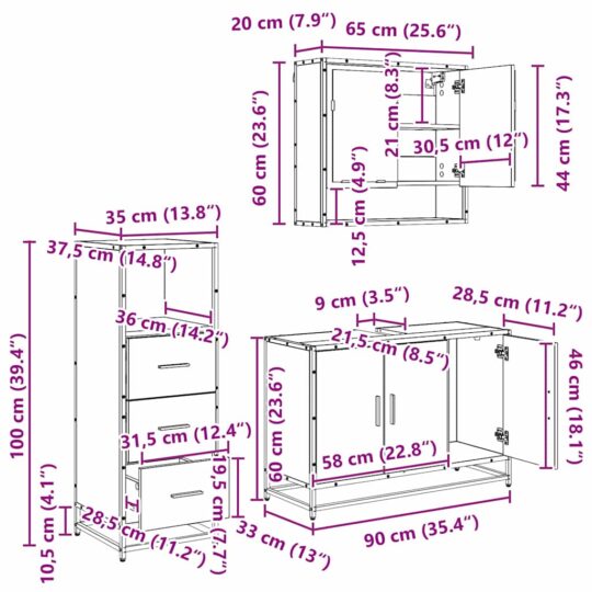 3402408 13 Set de mobilier pentru baie 3 pcs Lemn vechi 90 x 33 x 60 cm 3402408 13