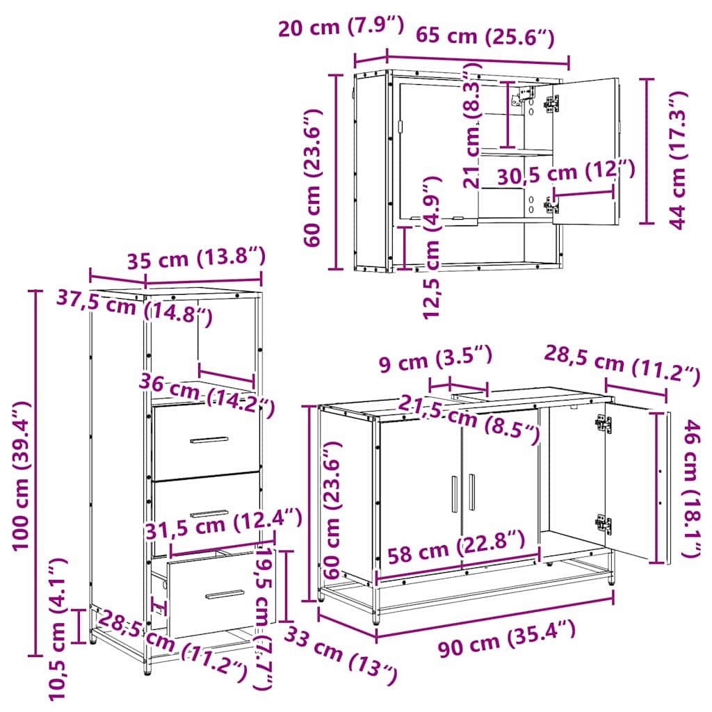 3402408 13 Set de mobilier pentru baie 3 pcs Lemn vechi 90 x 33 x 60 cm Set de mobilier pentru baie 3 pcs Lemn vechi 90 x 33 x 60 cm - imagine 13