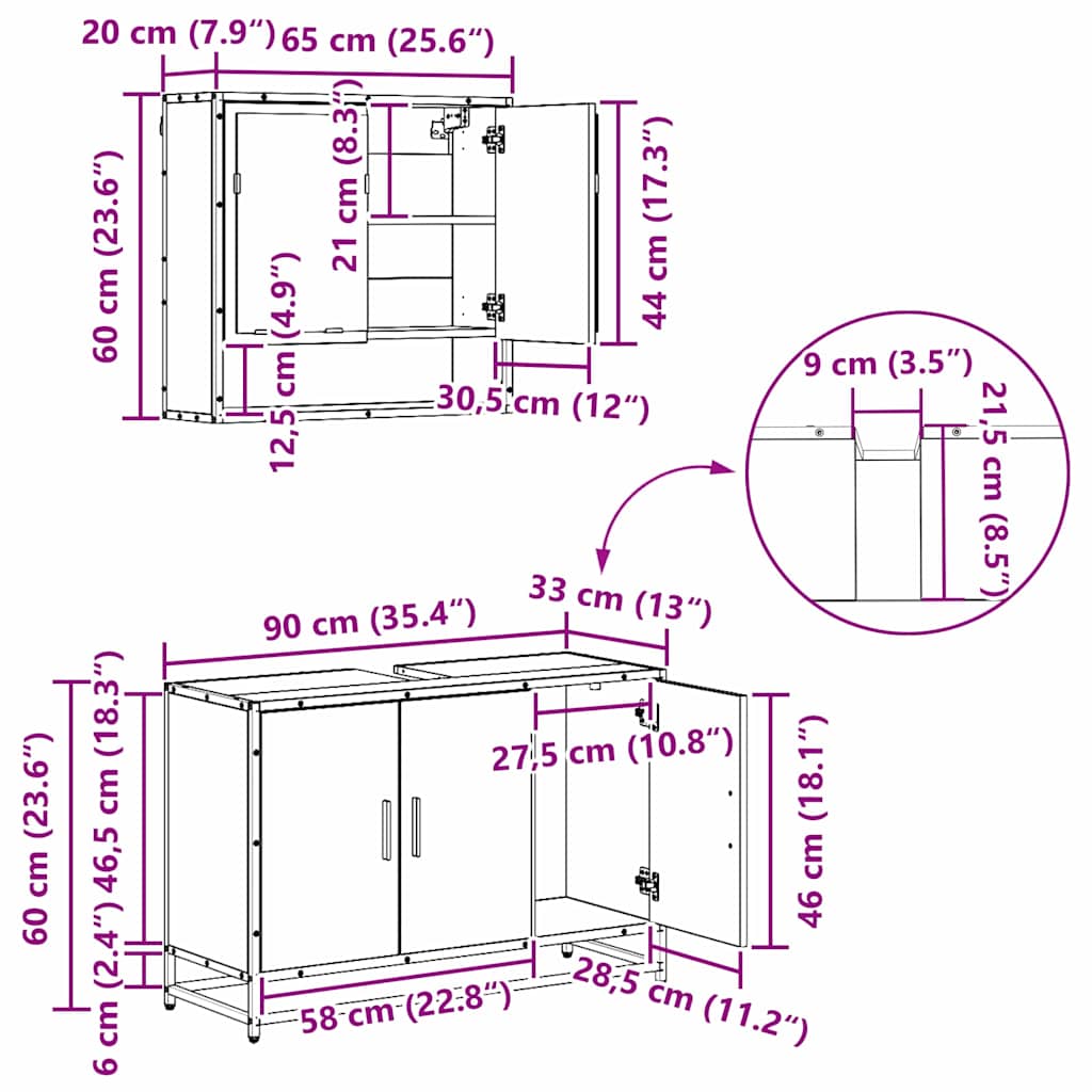 3402416 13 Set de mobilier pentru baie 3 pcs Stejar Negru Lemn compozit Set de mobilier pentru baie 3 pcs Stejar Negru Lemn compozit - imagine 13