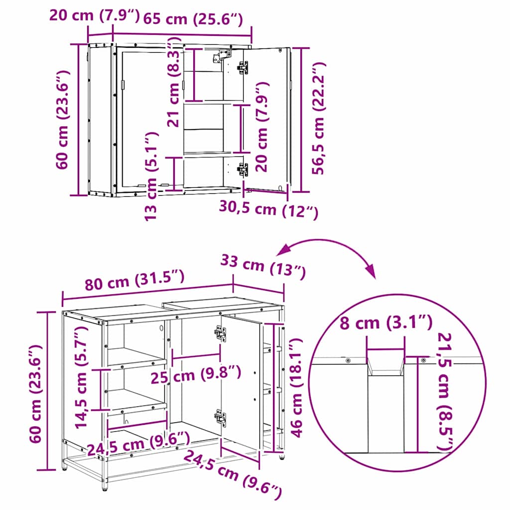 3402420 13 Set de mobilier pentru baie 3 pcs Lemn vechi 80 x 33 x 60 cm Set de mobilier pentru baie 3 pcs Lemn vechi 80 x 33 x 60 cm - imagine 13