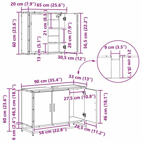 3402455 13 Set de mobilier pentru baie 3 pcs Stejar negru 90 x 33 x 60 cm 3402455 13