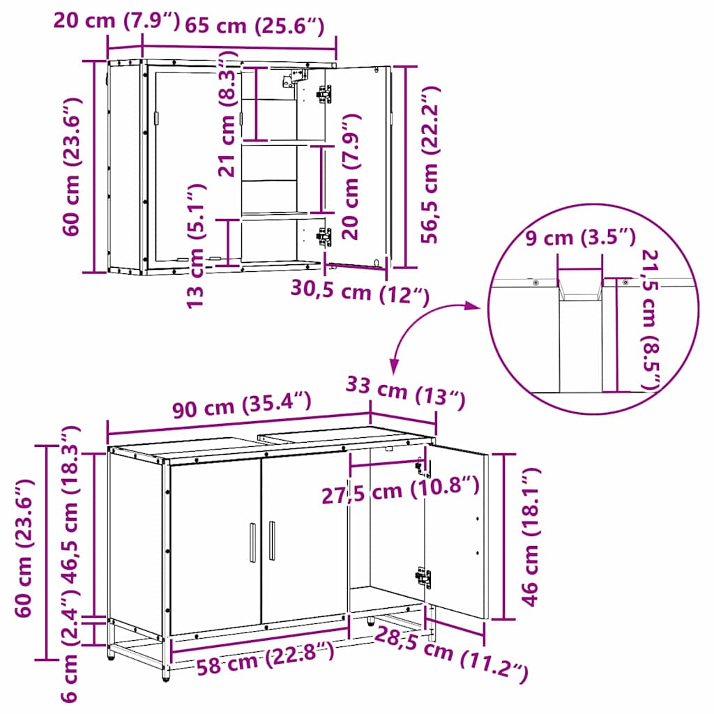 3402455 13 Set de mobilier pentru baie 3 pcs Stejar negru 90 x 33 x 60 cm Set de mobilier pentru baie 3 pcs Stejar negru 90 x 33 x 60 cm - imagine 13