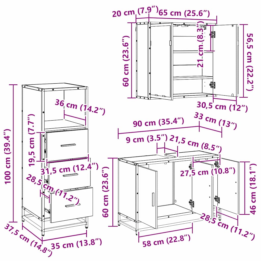 3402458 8 Set de mobilier pentru baie 3 pcs Stejar negru 90 x 33 x 60 cm Set de mobilier pentru baie 3 pcs Stejar negru 90 x 33 x 60 cm - imagine 8