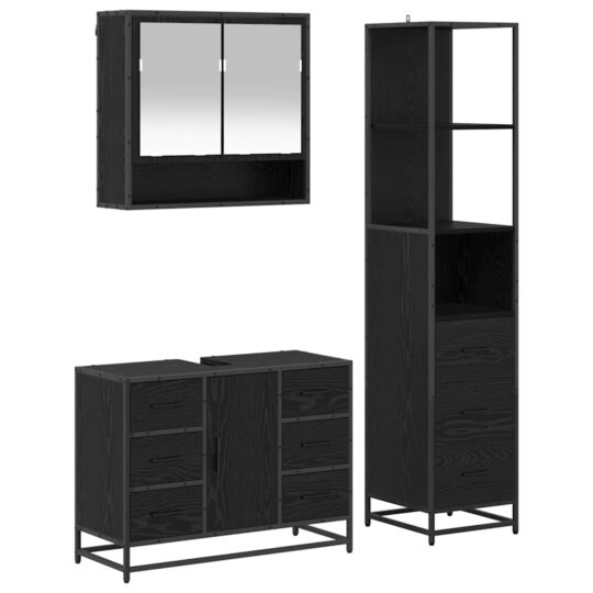 Alternative view of Set de mobilier pentru baie 3 pcs Stejar Negru Lemn compozit