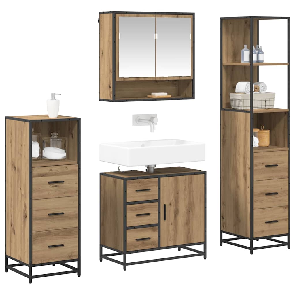 3402498 3 Set de mobilier pentru baie cu sertar 4 pcs stejar artizanal Set de mobilier pentru baie cu sertar 4 pcs stejar artizanal - imagine 3