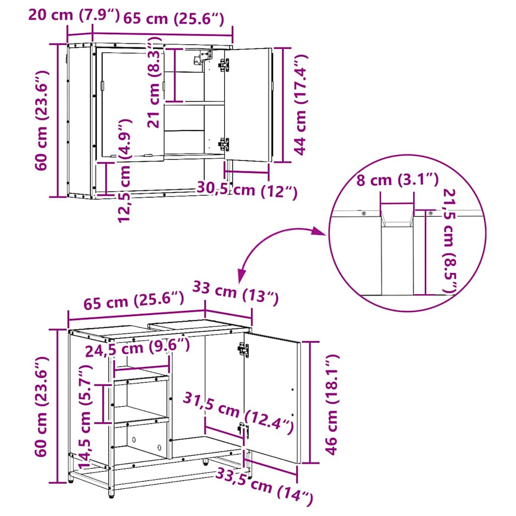 3402505 13 Set de mobilier pentru baie 3 pcs Stejar Negru Lemn compozit Set de mobilier pentru baie 3 pcs Stejar Negru Lemn compozit - imagine 13