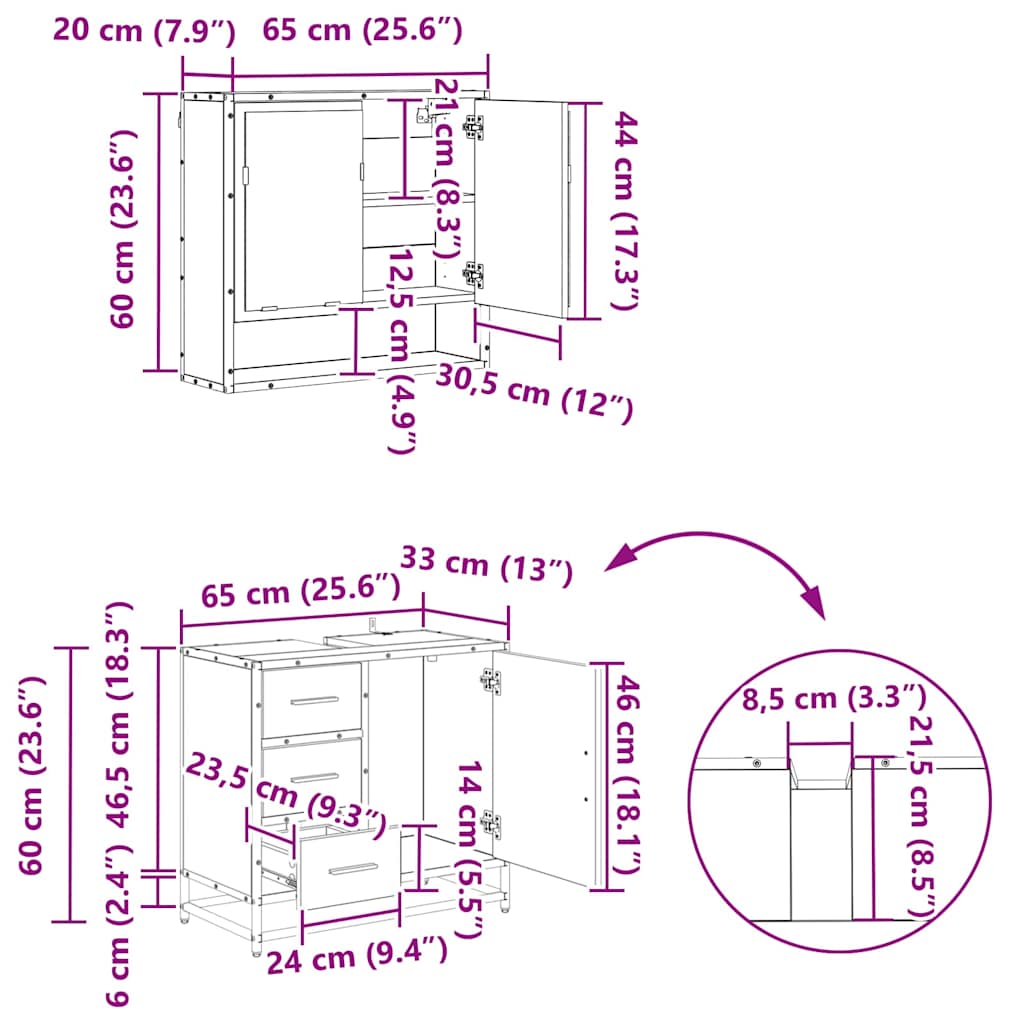 3402523 13 Set de mobilier pentru baie 3 pcs Stejar Negru Lemn compozit Set de mobilier pentru baie 3 pcs Stejar Negru Lemn compozit - imagine 13