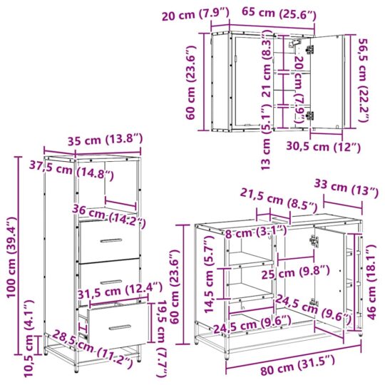 3402526 13 Set de mobilier pentru baie 3 pcs Stejar negru 80 x 33 x 60 cm 3402526 13