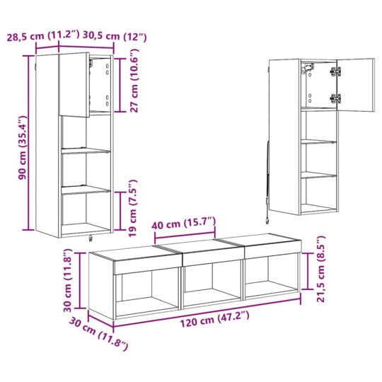 3402923 13 Unități pentru Pereți de TV 5 pcs Stejar Negru 60 x 30 x 30 cm 3402923 13