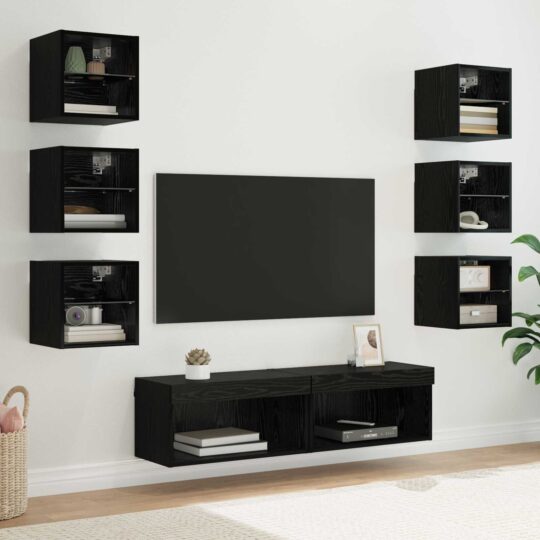 Cabinet TV cu lumini cu bandă LED 8 pcs Stejar Negru Sticlă