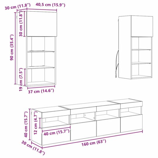 3402982 13 Unități TV de perete cu LED 5 pcs Stejar Negru 3402982 13