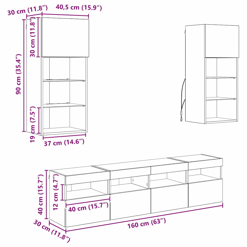 3402982 13 Unități TV de perete cu LED 5 pcs Stejar Negru Unități TV de perete cu LED 5 pcs Stejar Negru - imagine 13