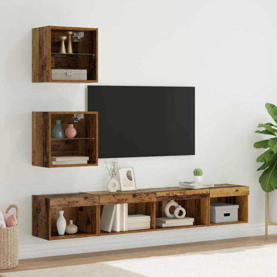 Unități TV de perete cu LED 5 pcs Lemn vechi 100 x 30 x 30 cm