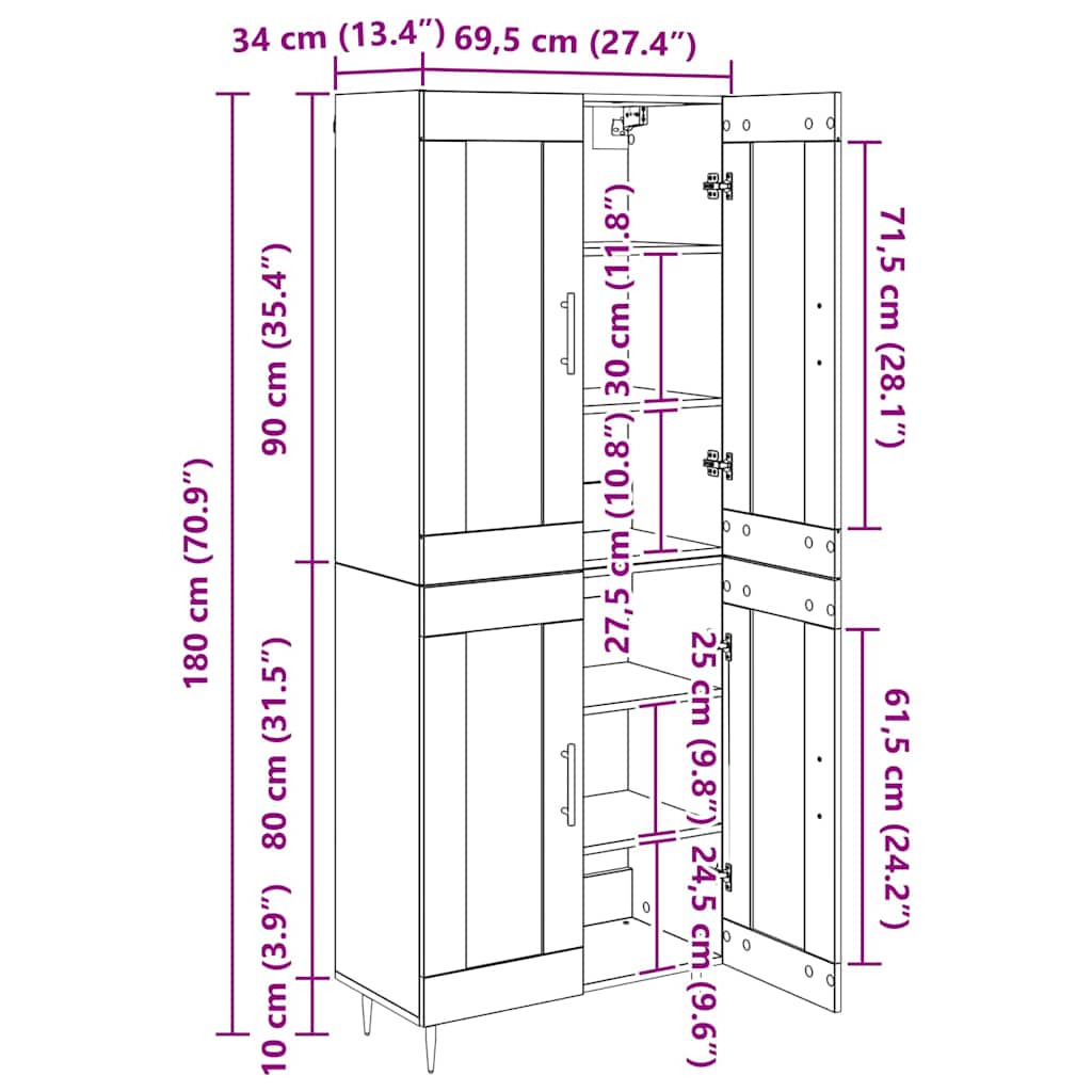 Bufet Stejar Artizanal 69,5 x 34 x 180 cm Lemn compozit - imagine 13