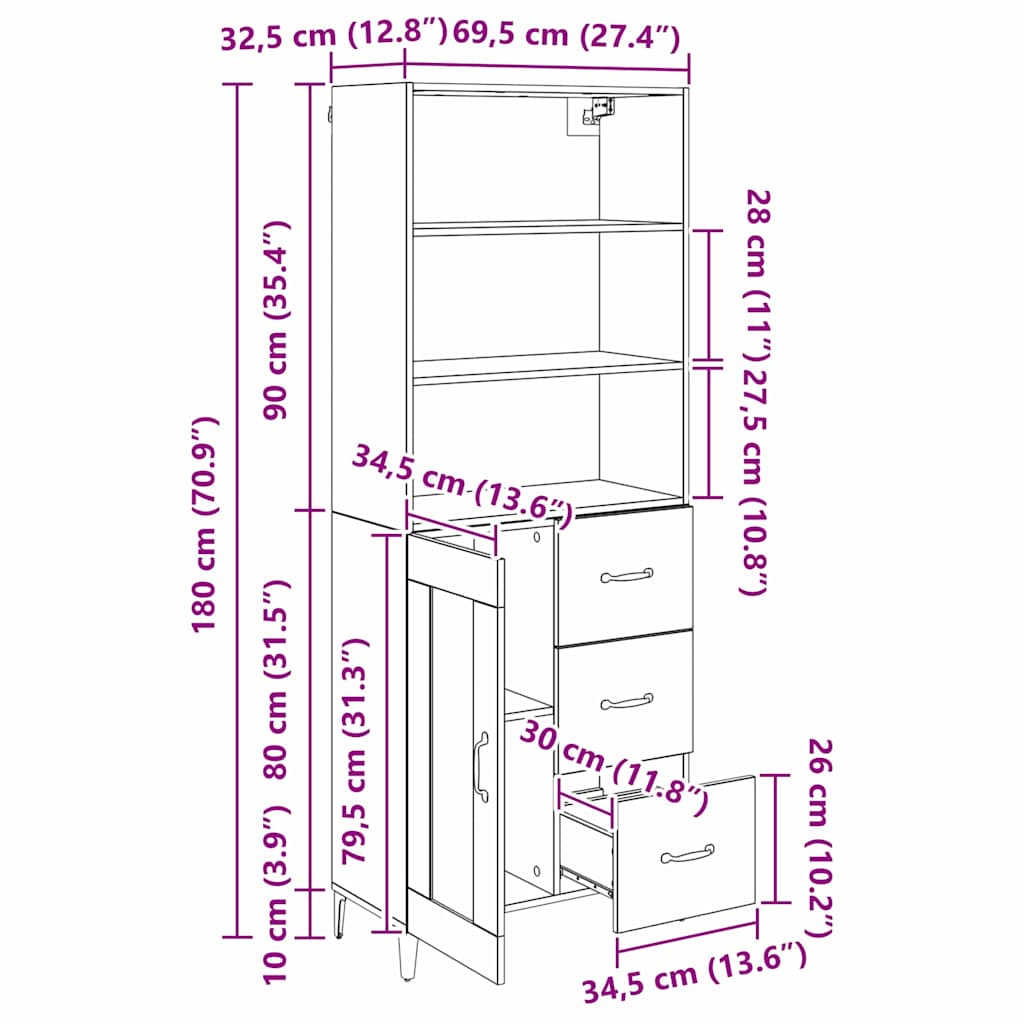 Bufet Stejar Artizanal 69,5 x 34 x 180 cm Lemn compozit - imagine 13