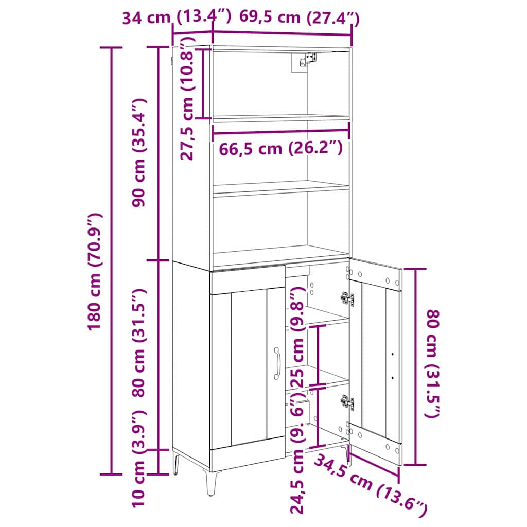 Bufet Stejar Artizanal 69,5 x 34 x 180 cm Lemn compozit - imagine 13