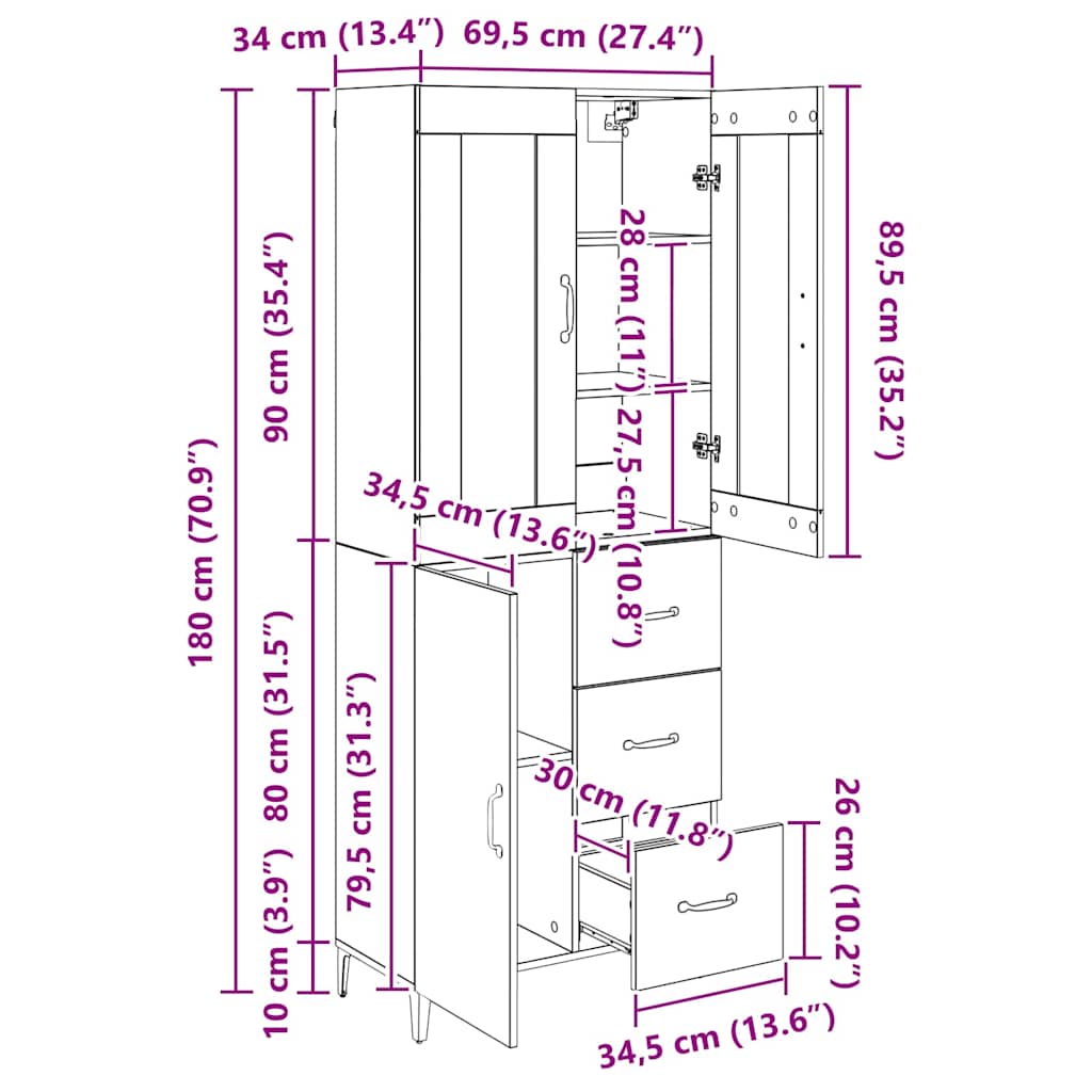 Bufet Stejar Artizanal 69,5 x 34 x 180 cm Lemn compozit - imagine 13