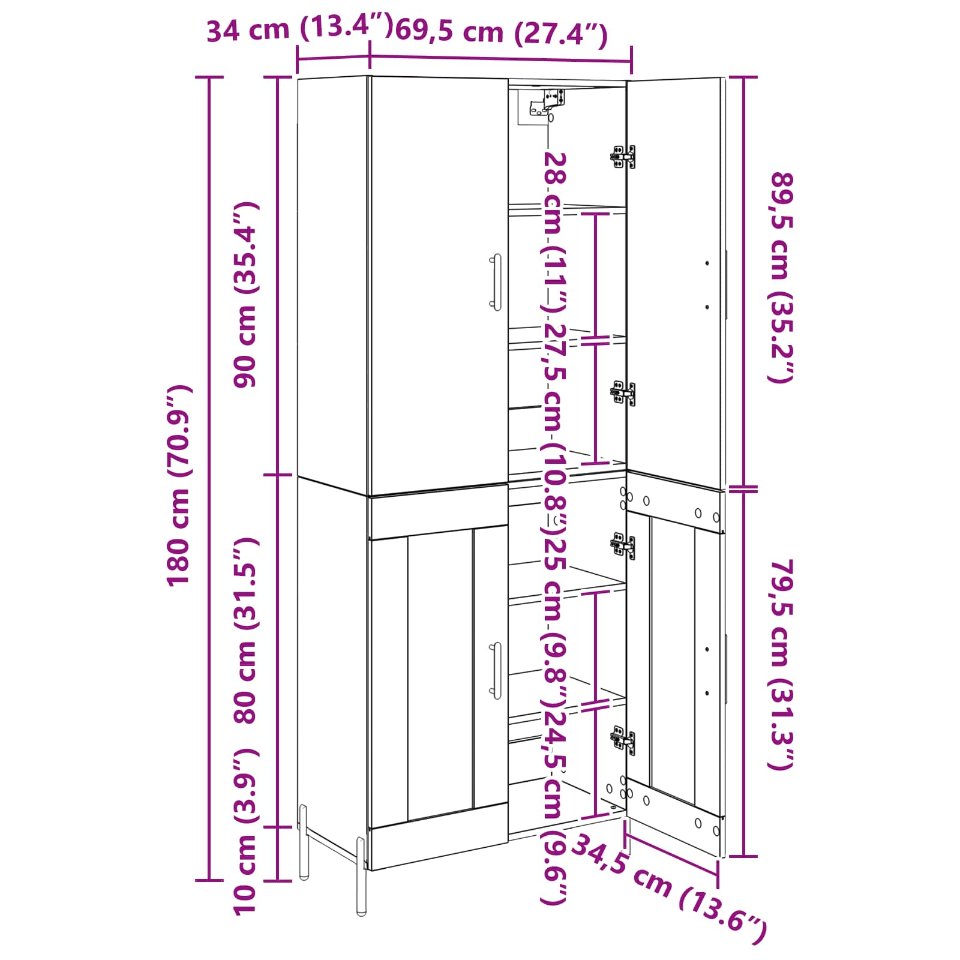 Bufet Pe perete Stejar Negru 69,5 x 34 x 180 cm Lemn compozit - imagine 13