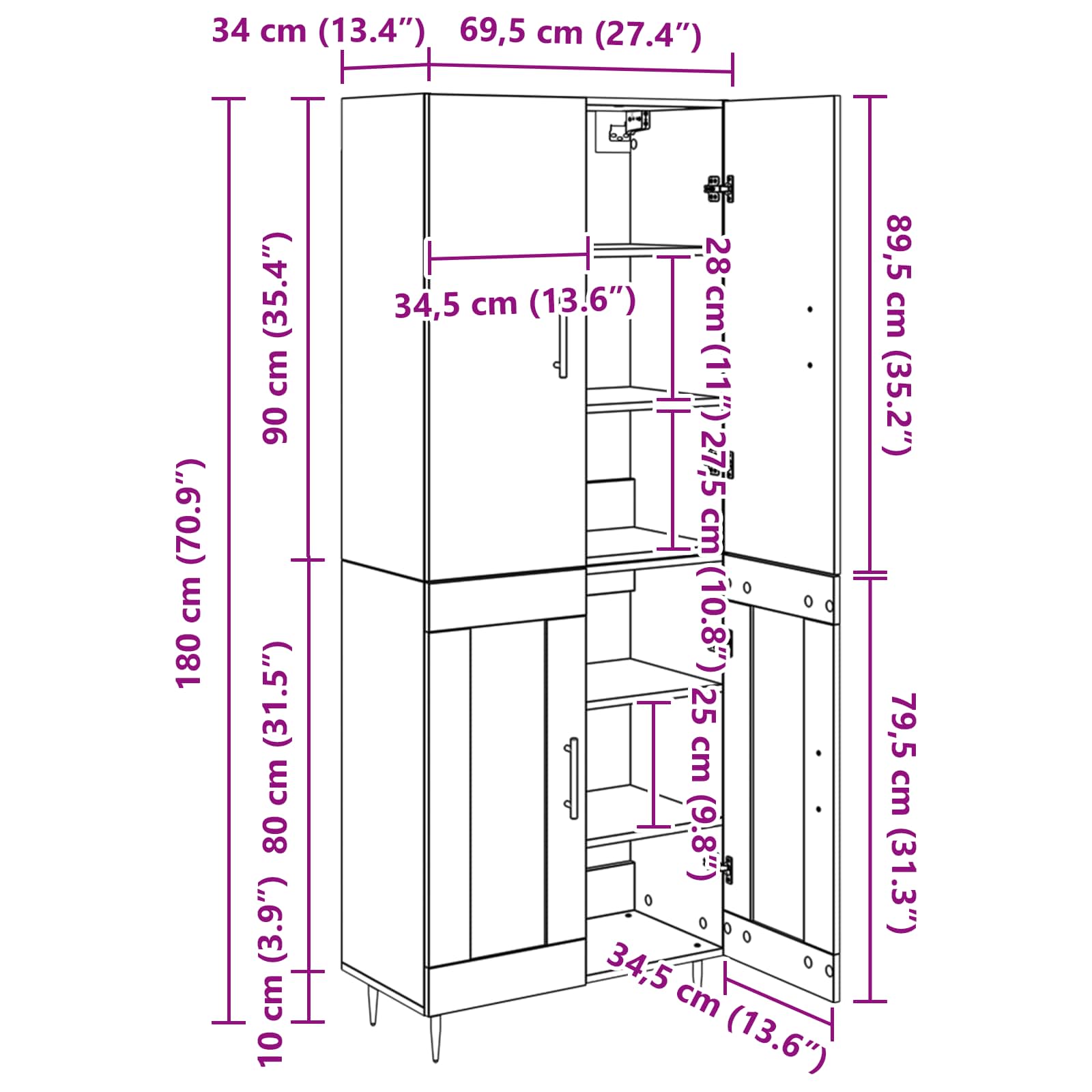 Bufet Pe perete Stejar Negru 69,5 x 34 x 180 cm Lemn compozit - imagine 13