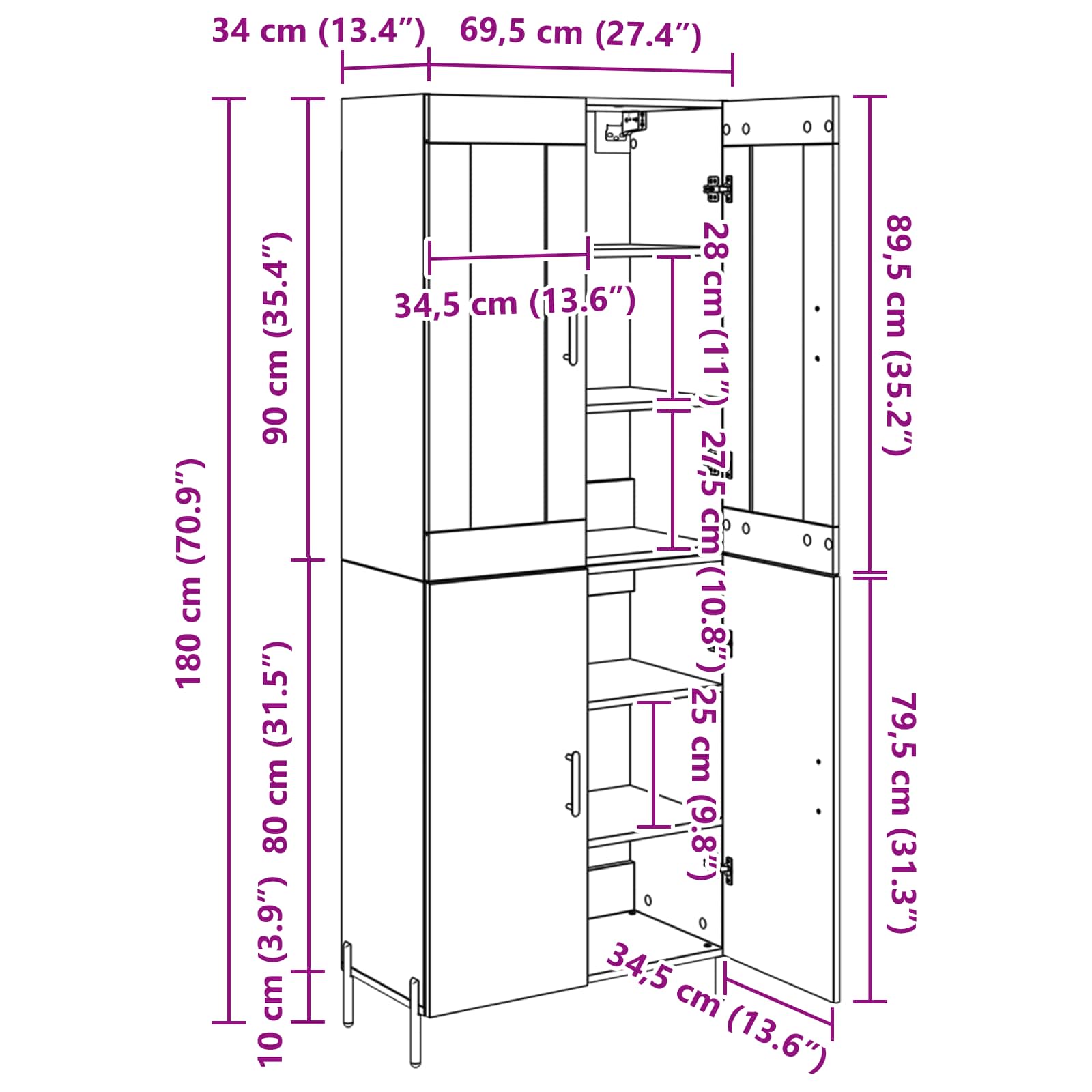 Bufet Pe perete Stejar Negru 69,5 x 34 x 180 cm Lemn compozit - imagine 13
