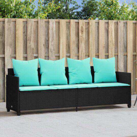 Șezlong cu perne, negru, poliratan