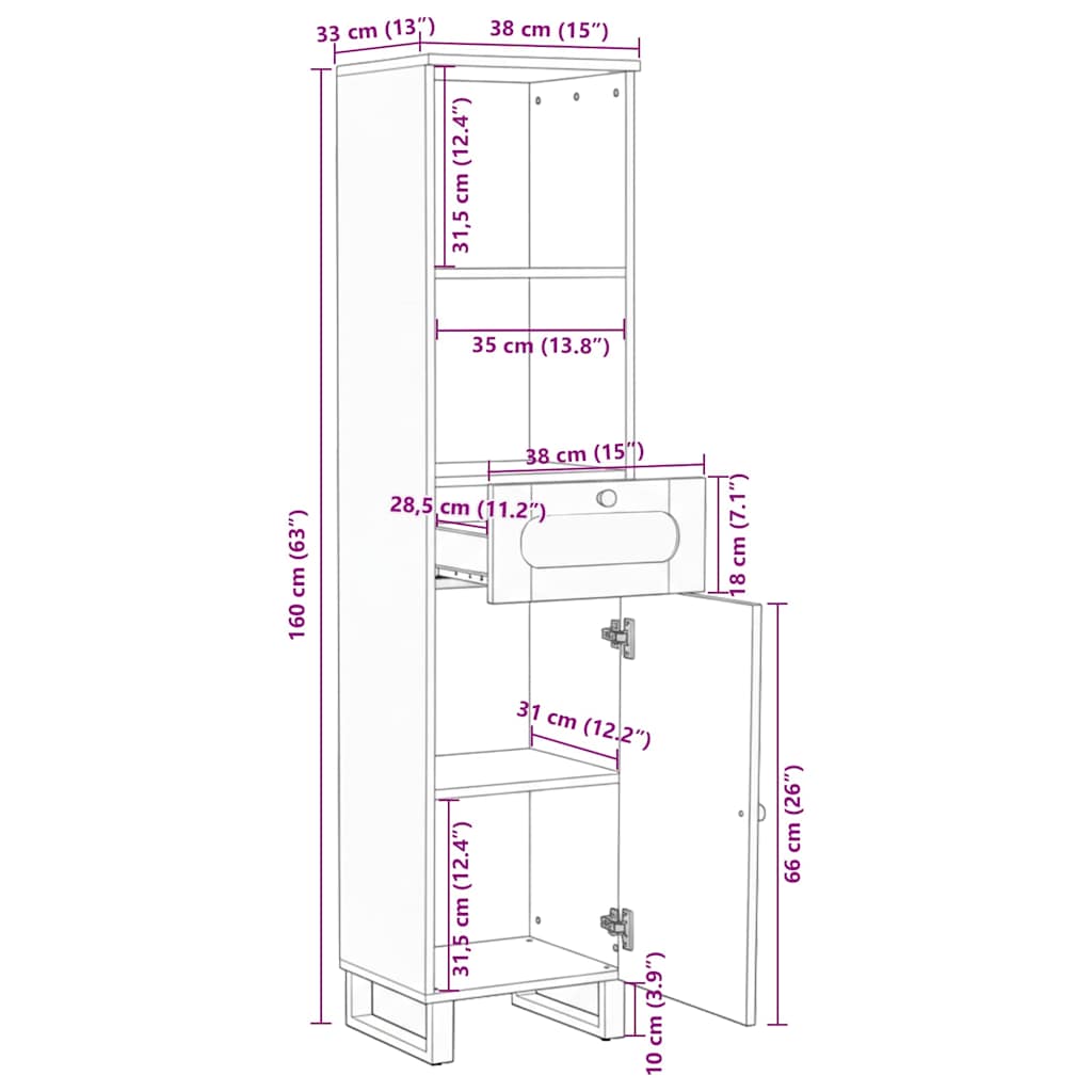 4018066 12 Dulap de Baie cu raft Maro 38 x 33 x 160 cm Lemn de mango solid Dulap de Baie cu raft Maro 38 x 33 x 160 cm Lemn de mango solid - imagine 12