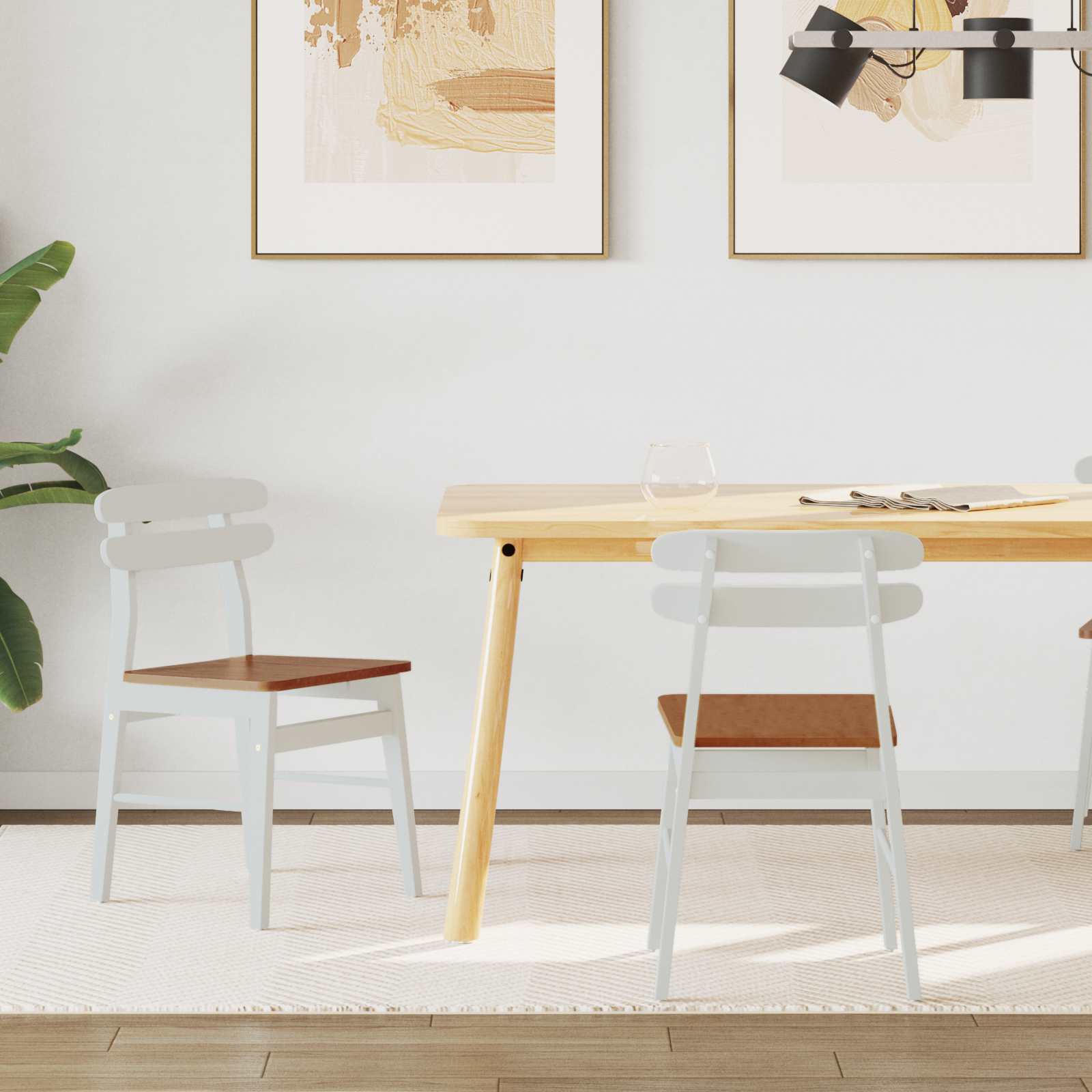42020515 1 Scaun de sufragerie 2 pcs Alb și Natural Lemn Solid de Cauciuc Scaun de sufragerie 2 pcs Alb și Natural Lemn Solid de Cauciuc