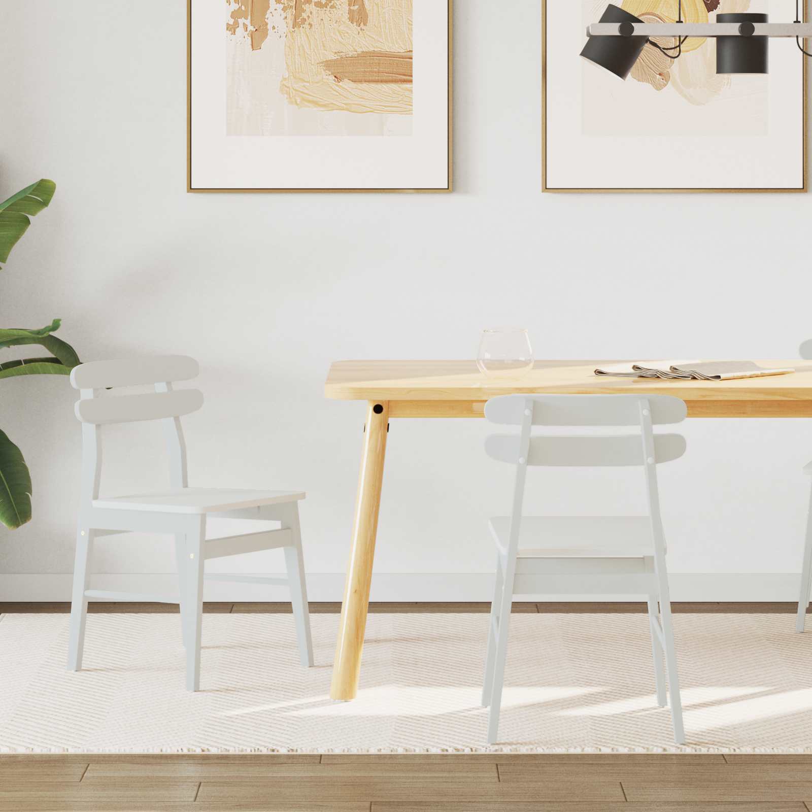 42020516 1 Scaun de sufragerie 2 pcs Alb Lemn Solid de Cauciuc Scaun de sufragerie 2 pcs Alb Lemn Solid de Cauciuc