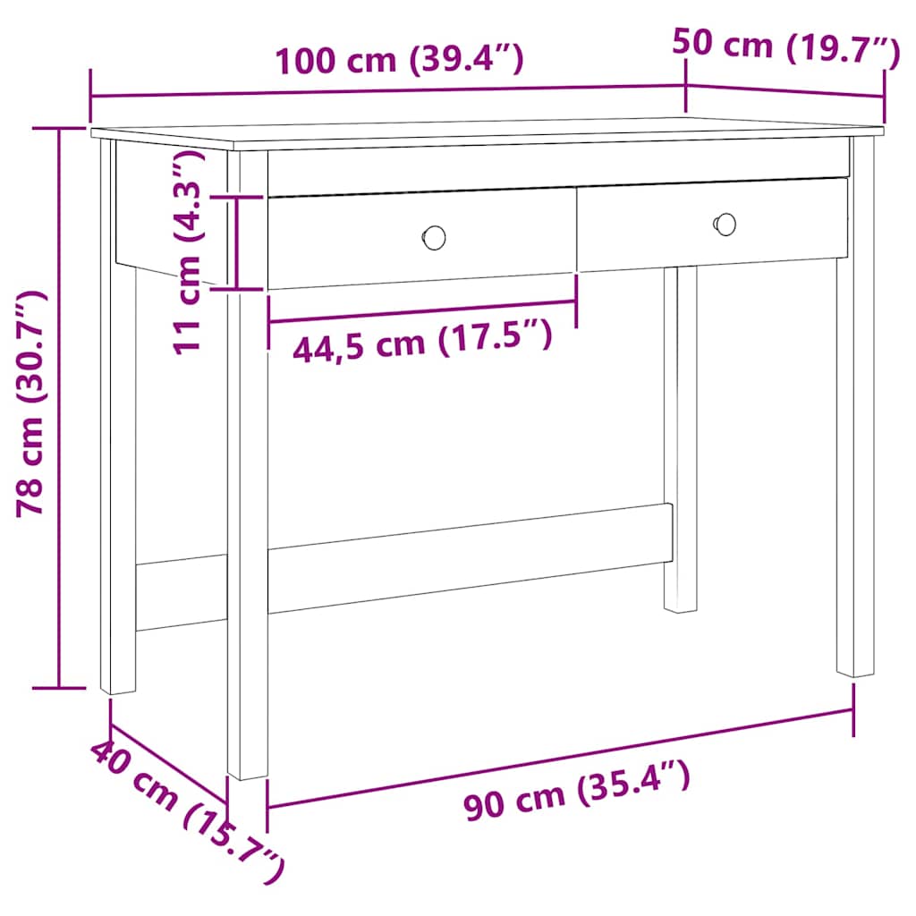 Birou cu sertar Max Brown 100 x 50 x 78 cm Lemn de pin masiv - imagine 10