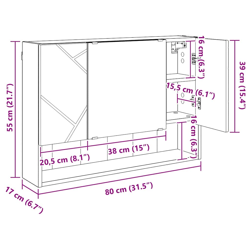 Dulap cu oglindă pentru baie Stejar afumat 80 x 17 x 55 cm - imagine 12