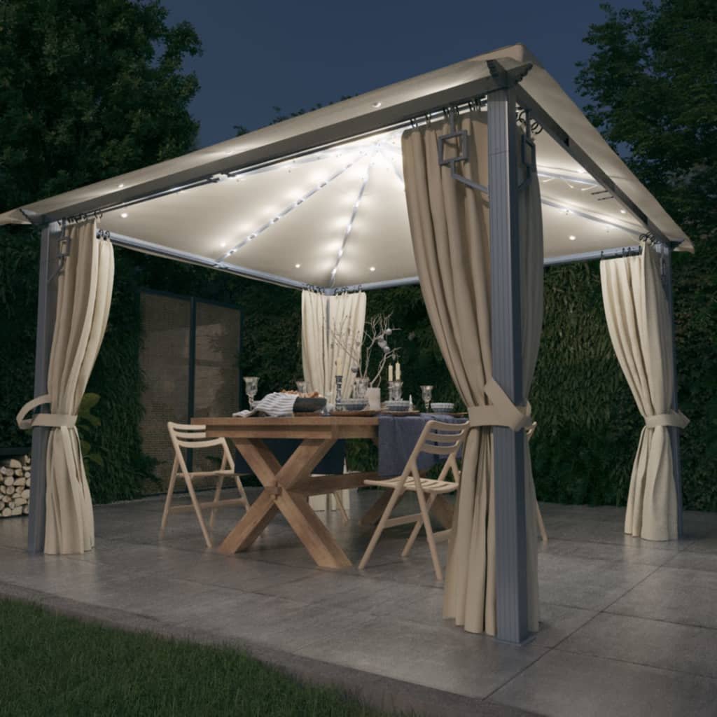 41 3 Pavilion cu perdele & șiruri lumini LED, crem, 3x3 m, aluminiu Pavilion cu perdele & șiruri lumini LED, crem, 3x3 m, aluminiu - imagine 2