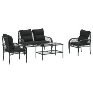 Set mobilier de grădină cu perne, 4 piese, negru, poliratan